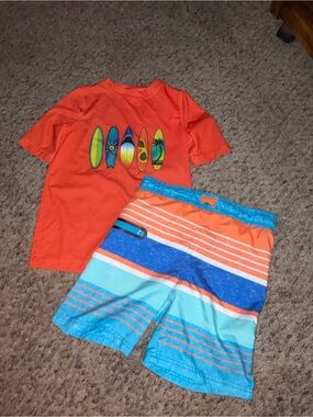 Kids Orange Surfboard Rash Guard & Blue-Orange Stripe Swim Trunks Set